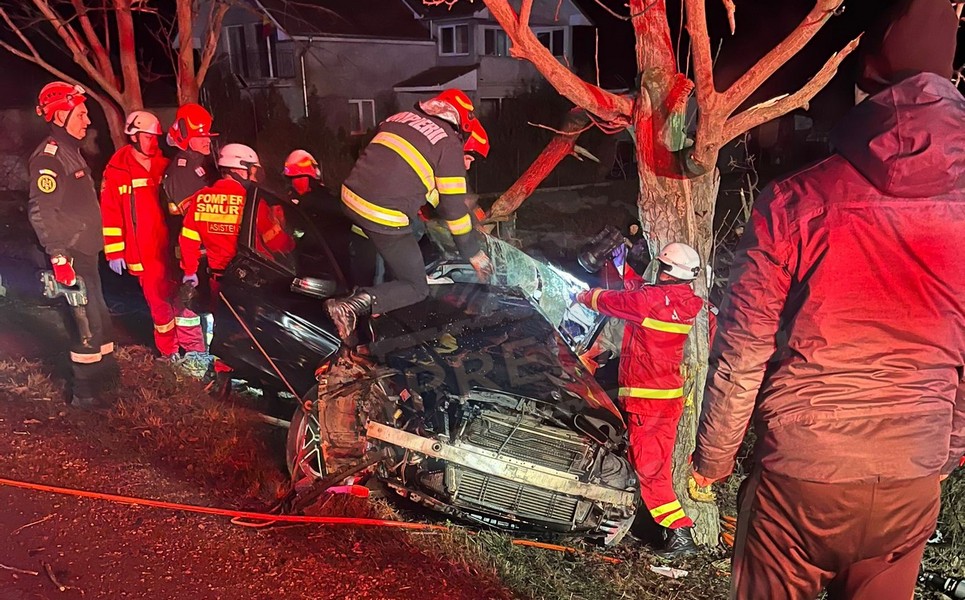 FOTO. Accident grav în Satu Mare. Un șofer a intrat cu mașina într-un copac. Un copil și tatăl său, răniți!