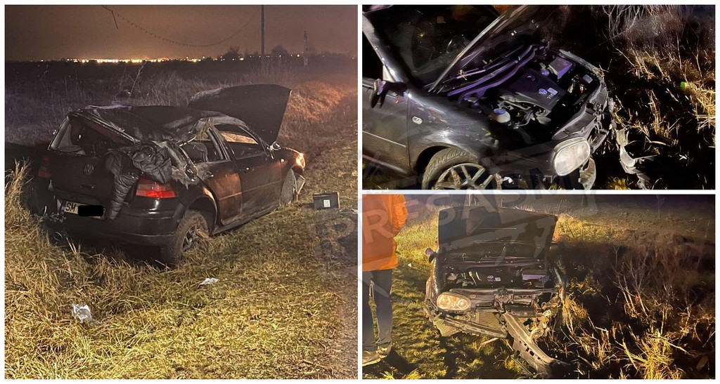 FOTO. Accident lângă Aeroportul Satu Mare. O șoferiță s-a răsturnat cu mașina. A ajuns în șanț