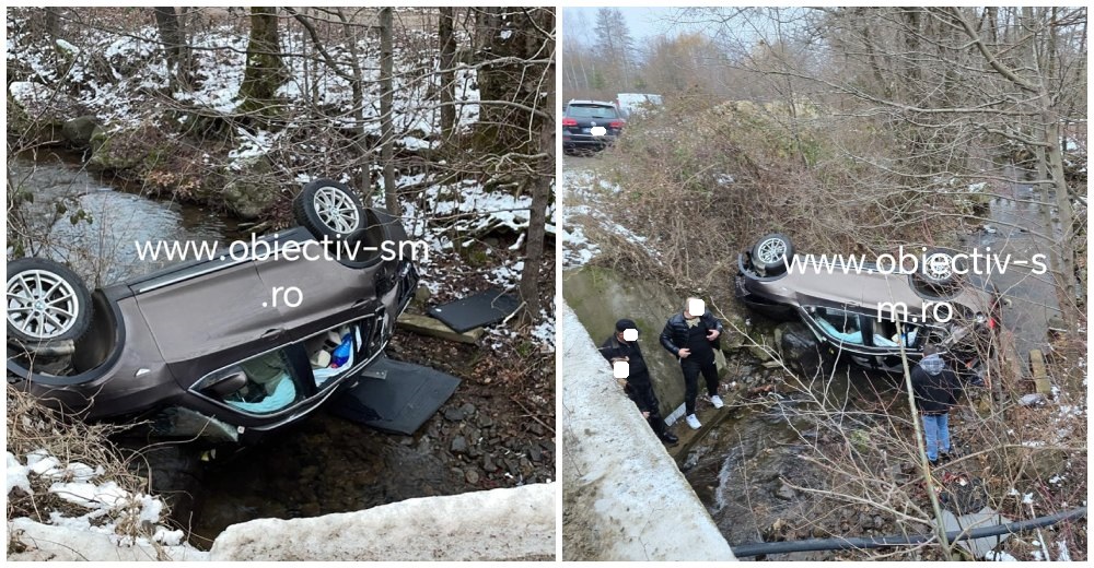 FOTO/VIDEO. Accident județul Satu Mare. O șoferiță s-a răsturnat cu mașina în râu: 5 victime!