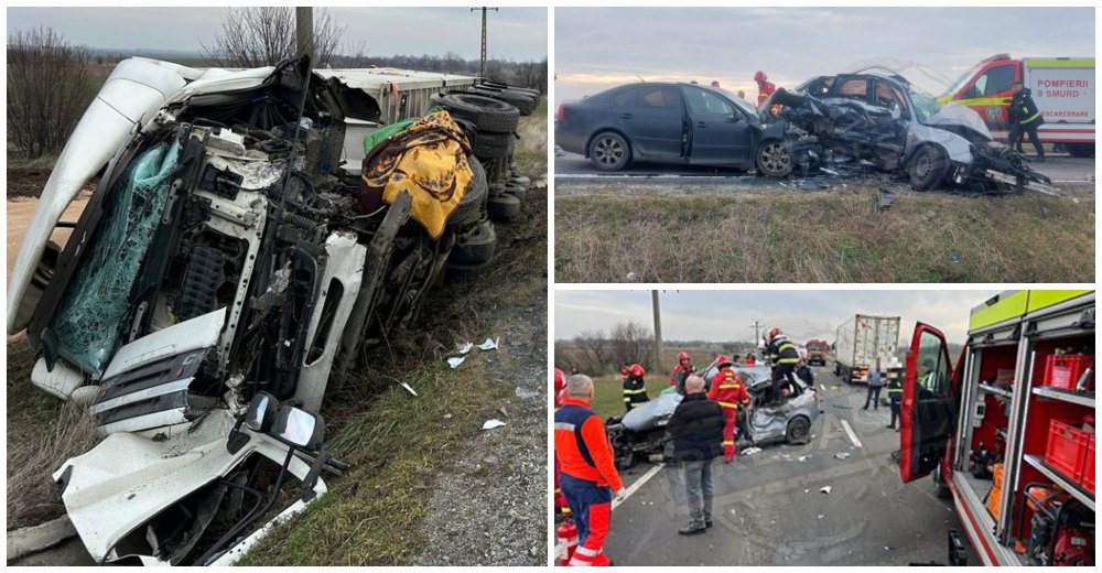FOTO/VIDEO. 3 morți și 3 răniți! Coliziune între 2 TIR-uri și 2 mașini. Accident dramatic în România
