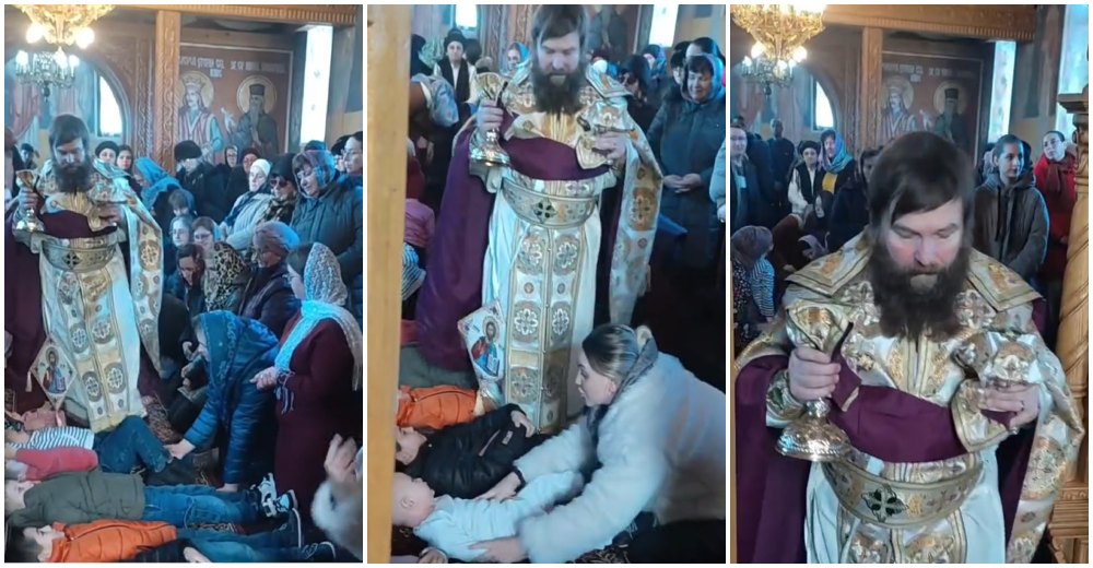 VIDEO. Scene incredibile într-o biserică: Copii întinși pe jos, în timp ce preotul trece peste ei!