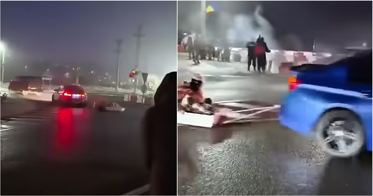 VIDEO. O nouă provocare periculoasă de pe TikTok: Un șofer în vârstă de 24 de ani a fost filmat cu un sicriu legat de mașină