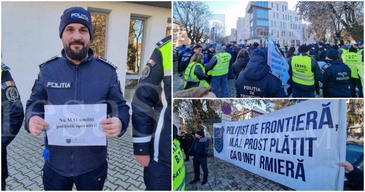 FOTO/VIDEO. Polițiștii din Satu Mare protestează în fața Prefecturii. Arși la buzunare de măsurile Guvernului