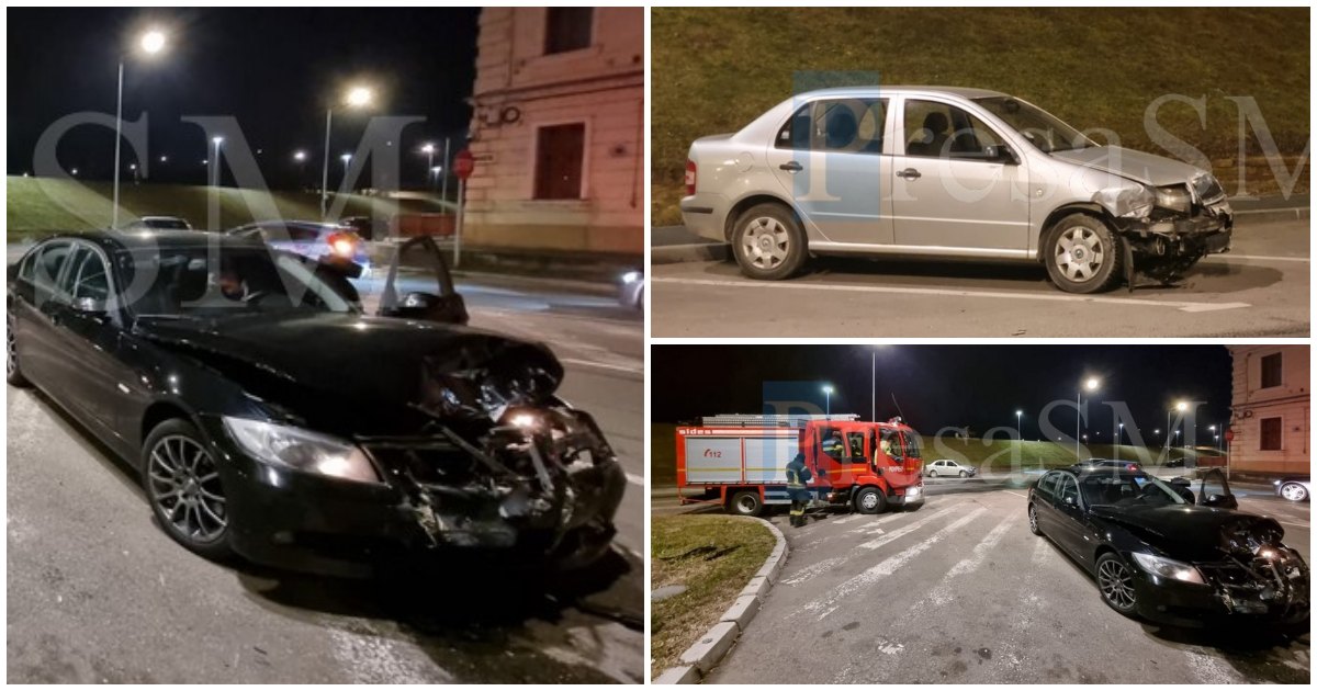 FOTO. Accident frontal lângă Poliția Locală, în centrul municipiului Satu Mare. Skoda vs BMW