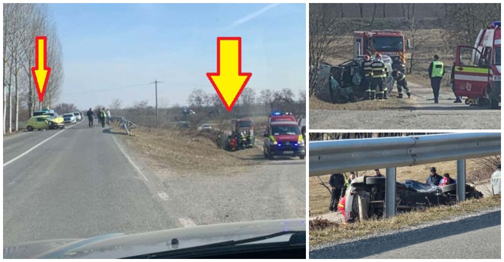 FOTO. Accident grav, cu 4 victime, pe DN19! Coliziune între două mașini, una s-a răsturnat