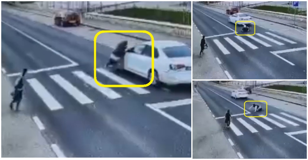 VIDEO. Femeie, însoțită de un copil, lovită de o mașină pe trecerea de pietoni în județul vecin