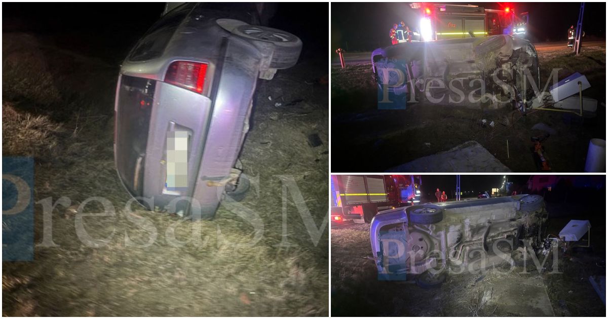 FOTOGALERIE. Accident aparent grav, cu victime, în județul Satu Mare. O mașină a lovit o țeavă de gaze