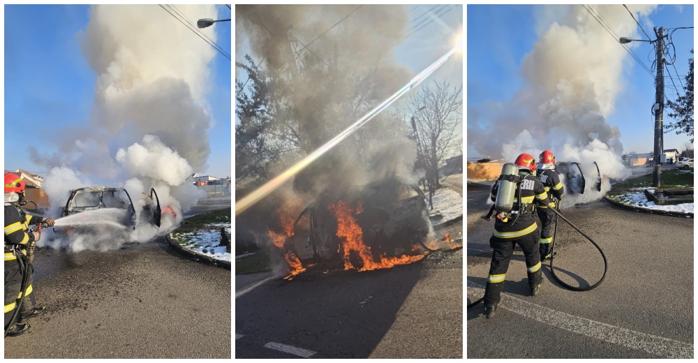 FOTO. Autoturism în flăcări în municipiul Satu Mare. Daună totală