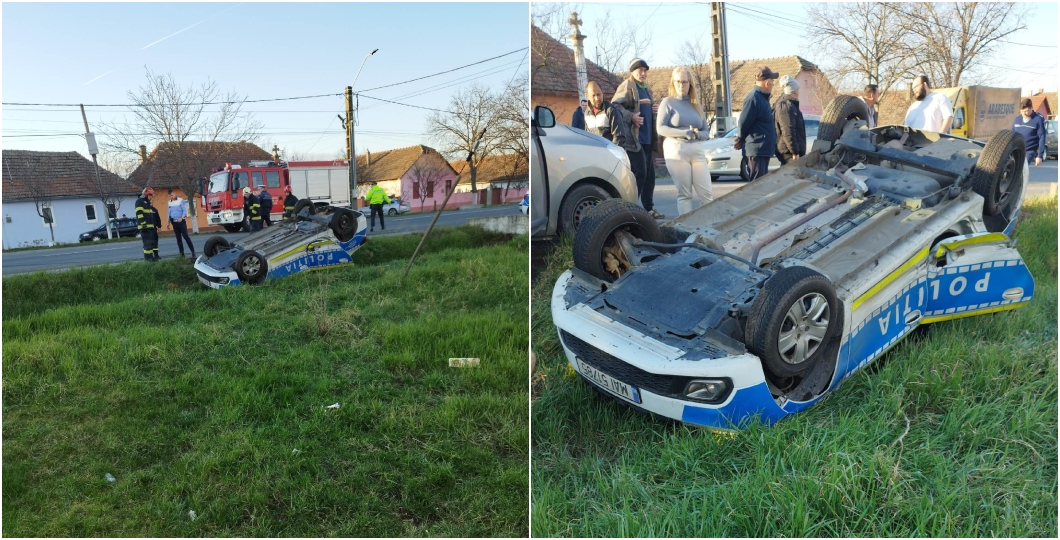 Doi polițiști răniți după ce au lovit cu autospeciala un cap de pod, apoi s-au răsturnat