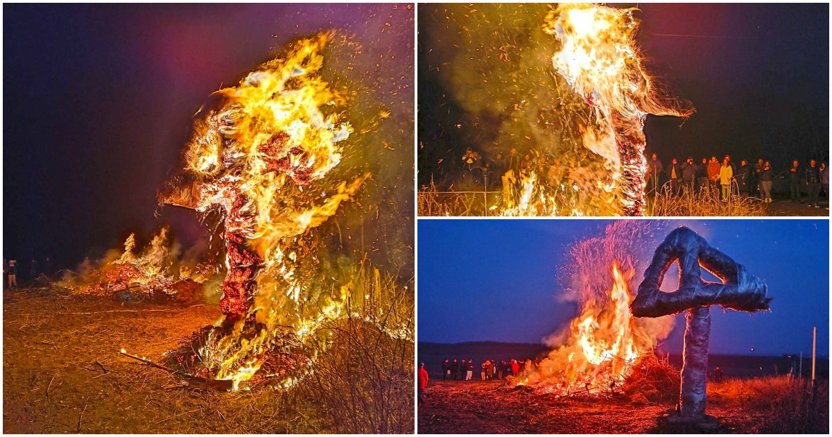 FOTO/VIDEO. Au dat foc unei cruci înalte pentru alungarea spiritelor rele și a iernii. FUNKA la Ardud