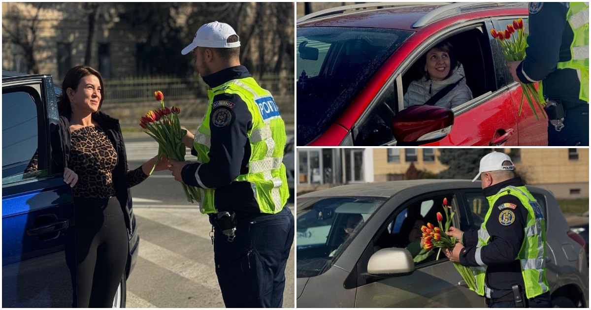 FOTOGALERIE. Flori pentru șoferițele din Satu Mare. Polițiștii sătmăreni le-au făcut o surpriză