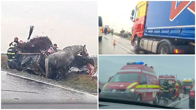 VIDEO. Accident teribil, un bărbat a decedat. O căruță a fost lovită în plin de un TIR, în județul Bihor