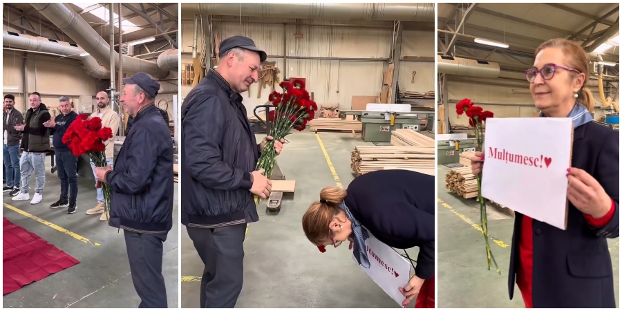 VIDEO. Moment emoționant la o firmă din Satu Mare. Patroana s-a închinat, colegii au plâns