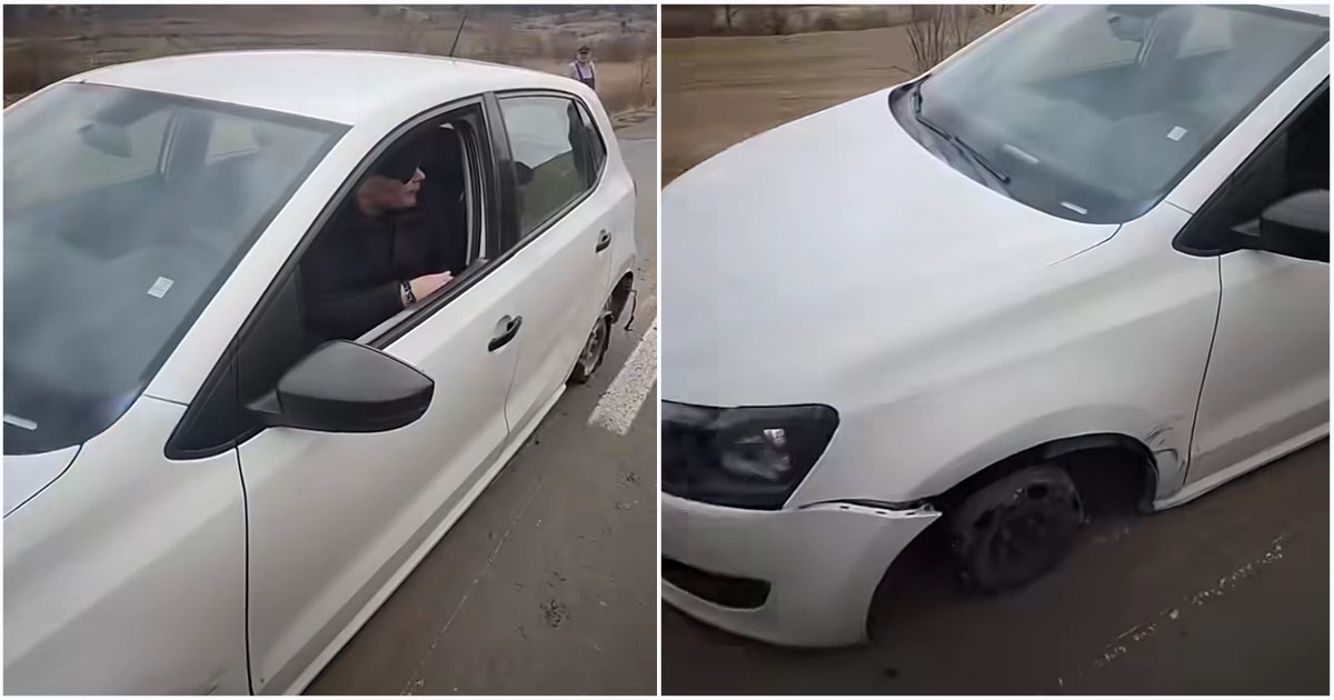 VIDEO. La noi orice e posibil. Șofer prins la volanul unei mașini fără cauciucuri. Polițiștii l-au dus direct la spital