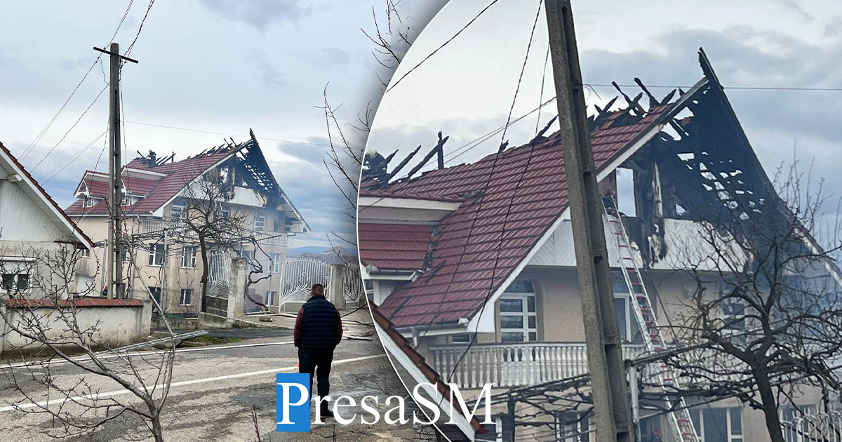 FOTO/VIDEO. Incendiu puternic la o vilă din județul Satu Mare. Mobilizare a pompierilor, pagube mari