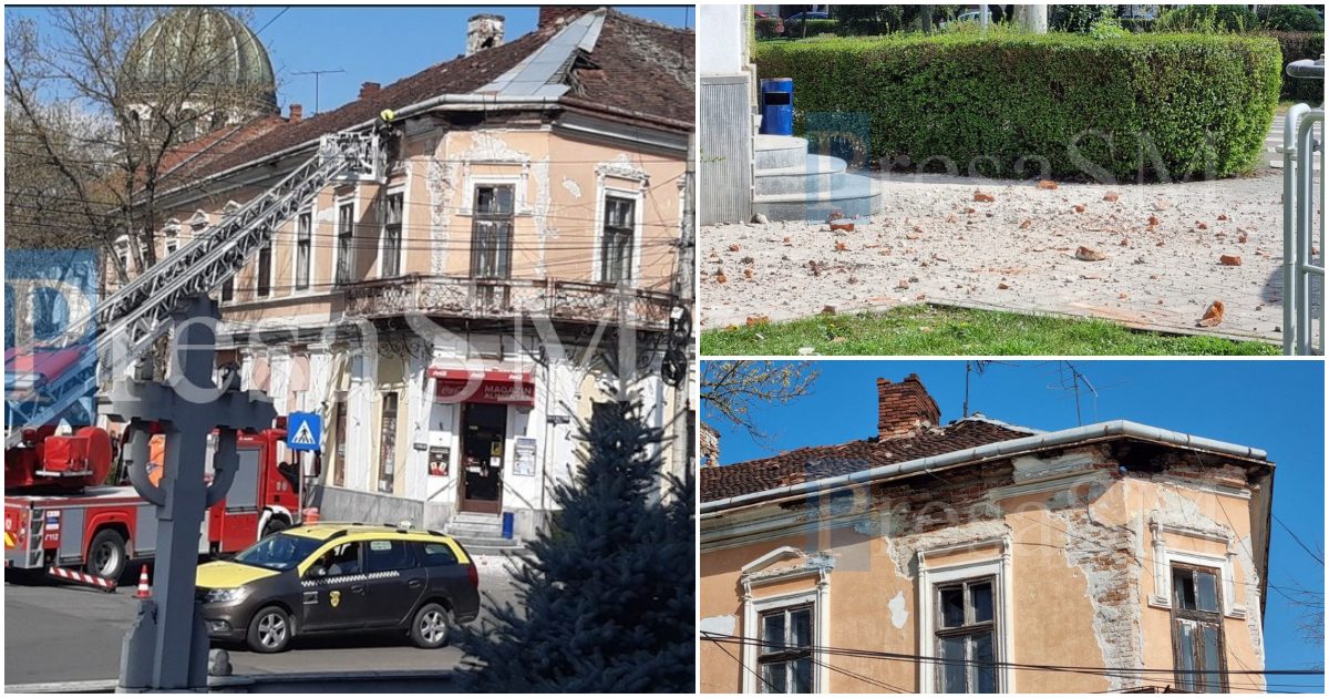 FOTO/VIDEO. La un pas de tragedie, în Centrul Vechi al Sătmarului. Acoperiș parțial căzut, pericol pentru trecători