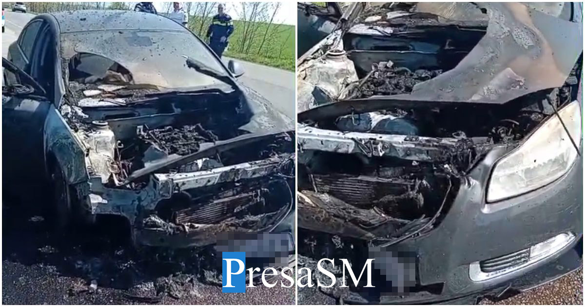 VIDEO. Mașină cuprinsă de flăcări în mers pe Drumul Național 19, între Carei și Petrești