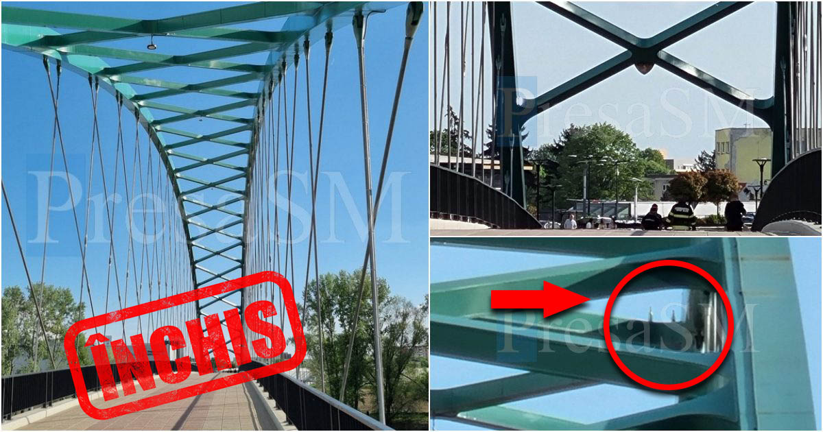 FOTO. Pasarela pietonală din Satu Mare, închisă. Sticle lăsate pe tablier riscau să cadă în capul trecătorilor. Intervin pompierii