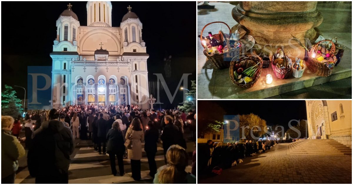 FOTO/VIDEO. Biserici pline la Satu Mare în noaptea de Înviere. Sătmărenii au luat Lumină și și-au dus coșurile cu bunătăți la sfințit