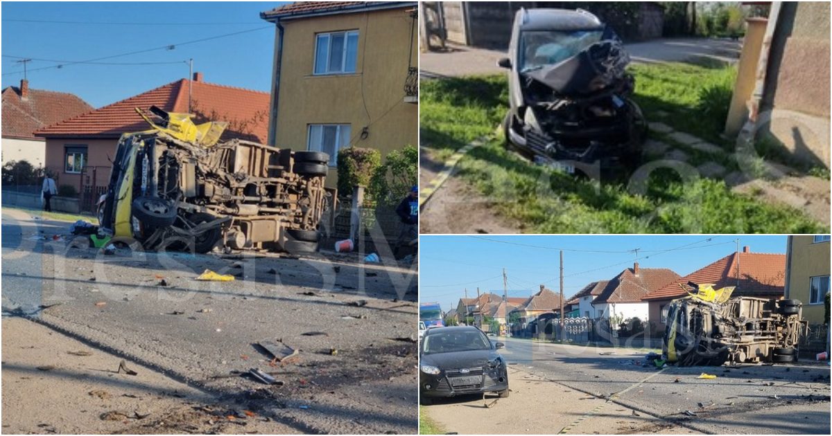 FOTOGALERIE. Accident în lanț, grav, în județul Satu Mare. Camionetă răsturnată pe șosea, 3 victime la Urgență