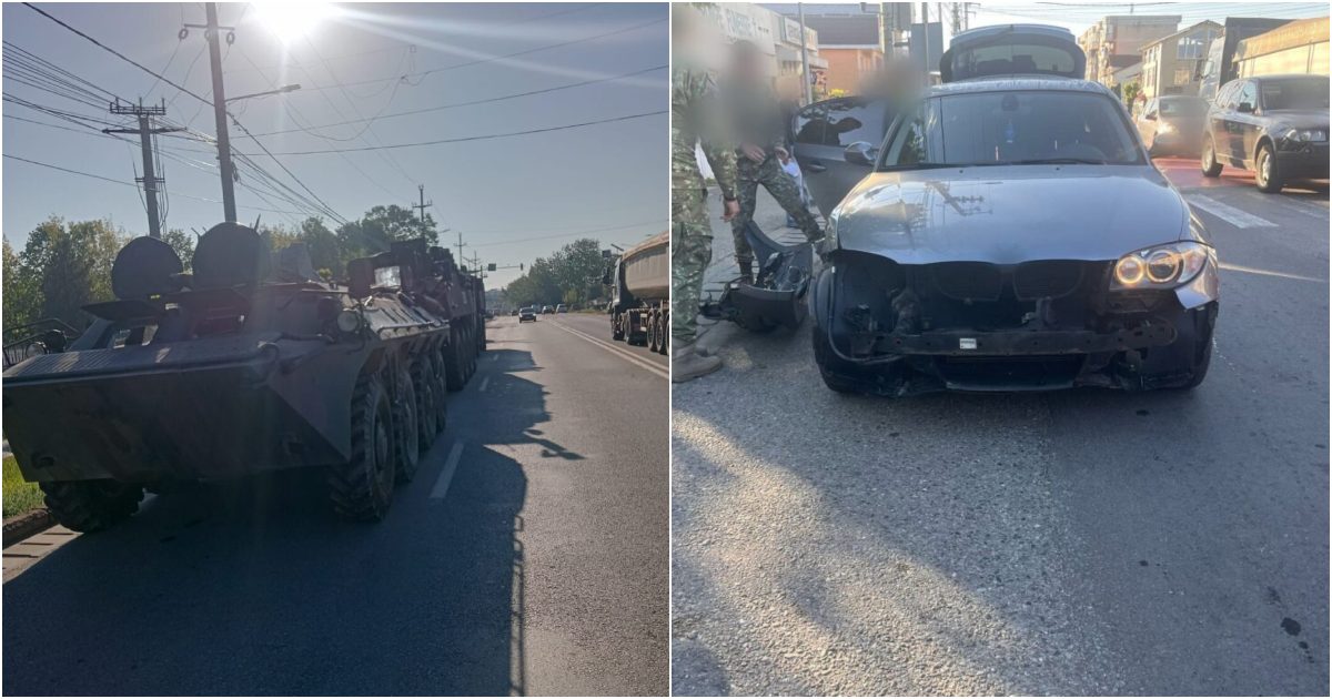 FOTO. Accident neobișnuit în centrul unui oraș din țară. O șoferița a intrat cu BMW-ul într-o blindată