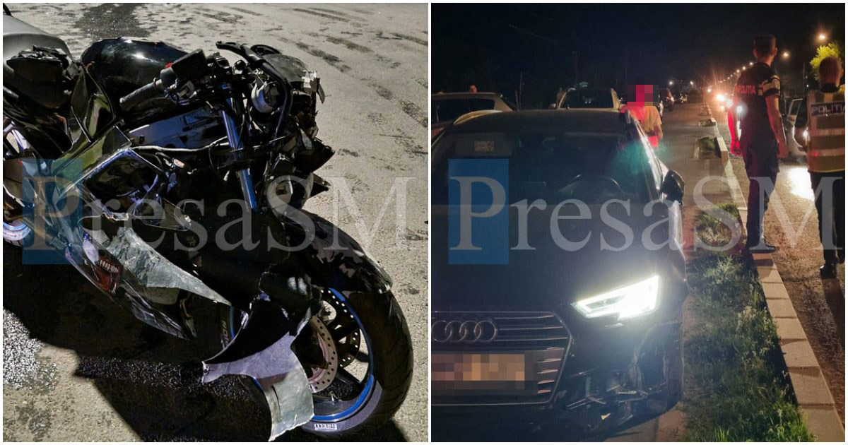 FOTO/VIDEO. Accident în municipiul Satu Mare. Impact între un motociclist și un autoturism