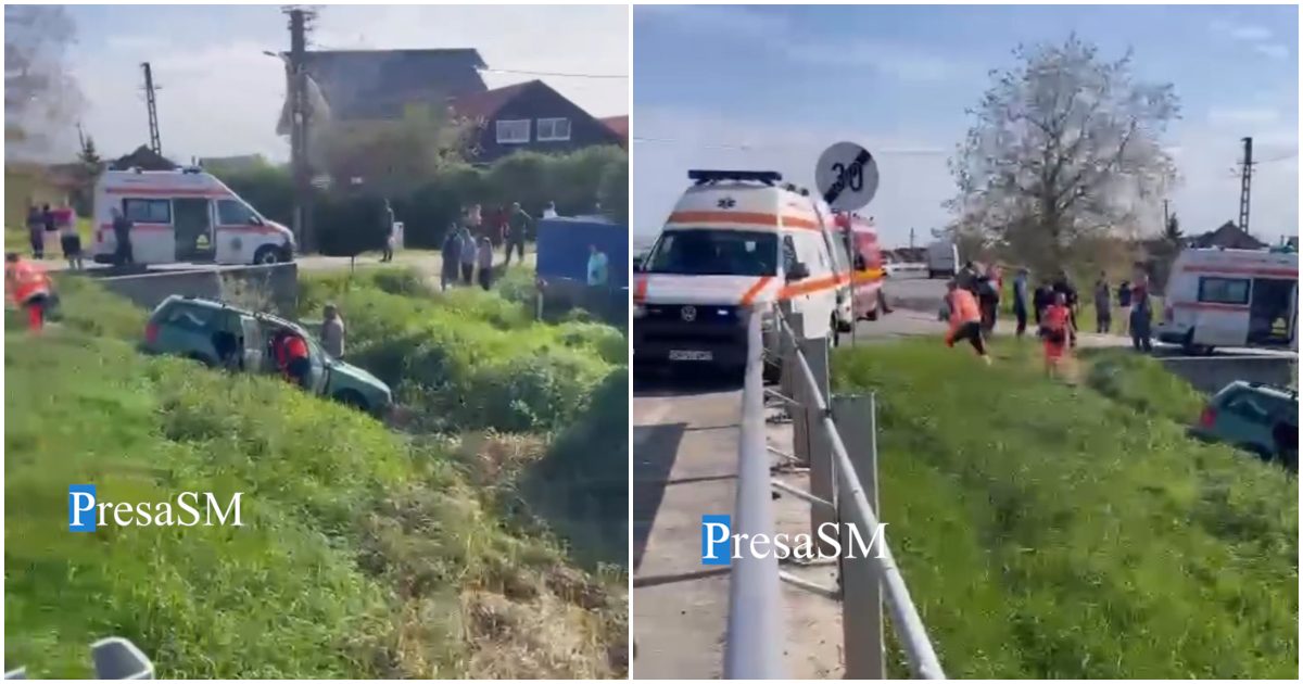 VIDEO. Accident grav pe DN19, între Satu Mare și Carei. O mașină a ajuns în șanț, două ambulanțe la fața locului