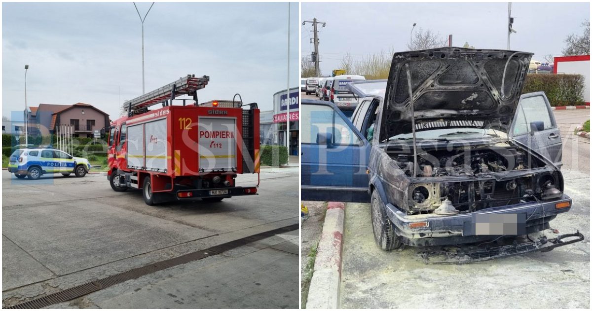 FOTO/VIDEO. Mașină cuprinsă de flăcări pe Drumul Botizului, într-o benzinărie. Intervin pompierii
