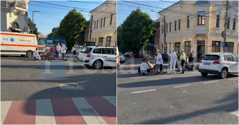 FOTO/VIDEO. Accident în municipiul Satu Mare. Motociclist rănit după impactul cu o mașină