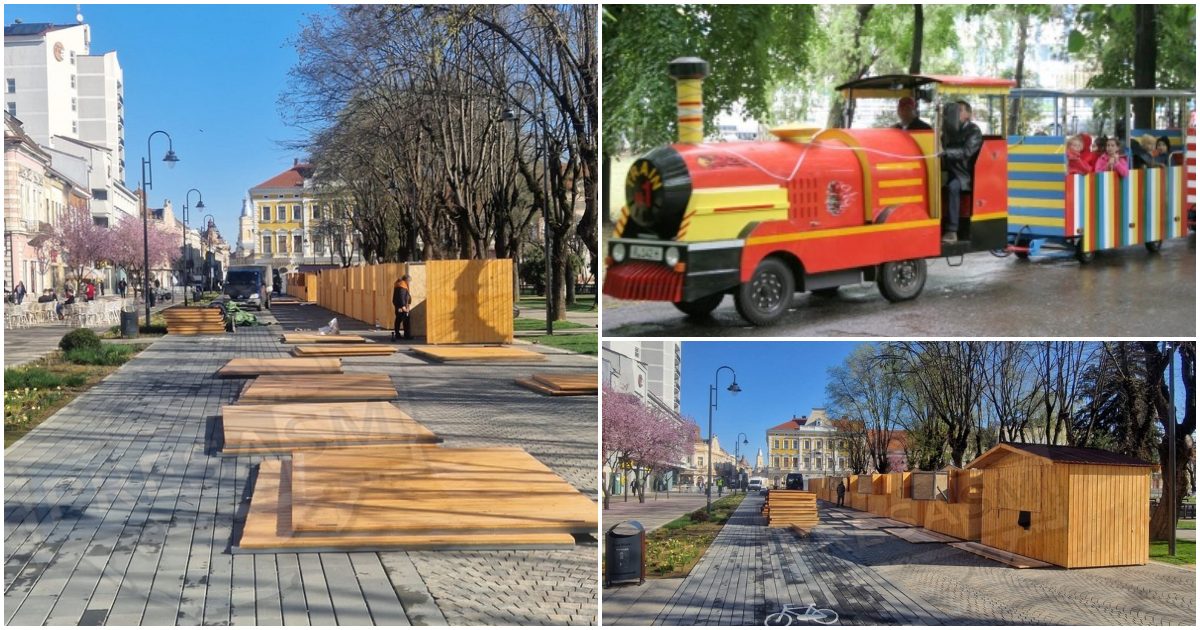 FOTO/VIDEO. Trenulețul iepurașului, în premieră la Târgul de Paște de la Satu Mare. Pregătirile sunt în toi în Piața Libertății