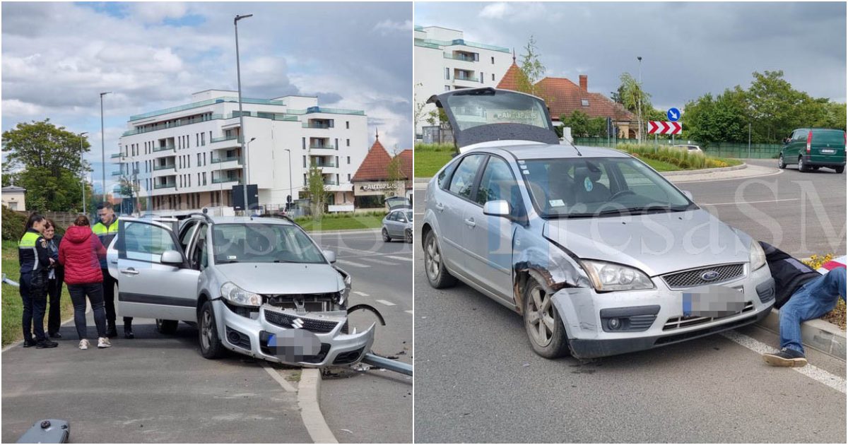 FOTO/VIDEO. Accident pe Drumul Botizului. Șoferița a încurcat frâna cu accelerația! Au spulberat stâlpi și indicatoare