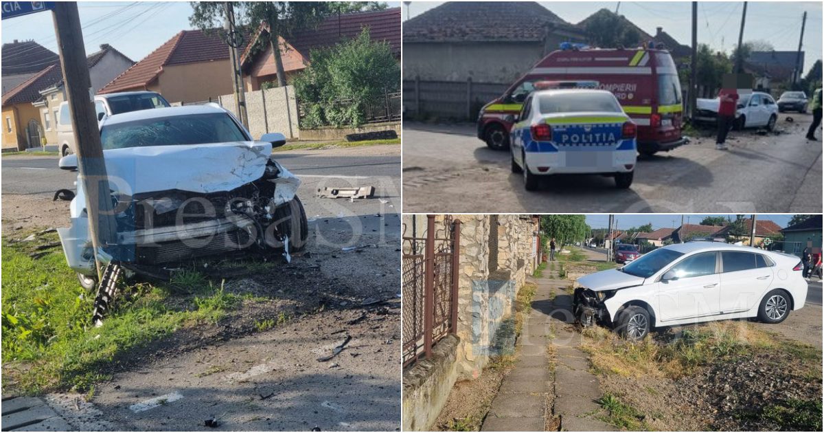 FOTO. Accident astăzi în Păulești! Tată și fiică la Urgență. O mașină în stâlp, alta în șanț