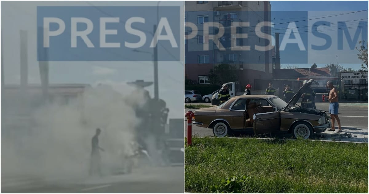FOTO/VIDEO. Incendiu auto pe Drumul Botizului din Satu Mare: un Mercedes de epocă a luat foc în mers