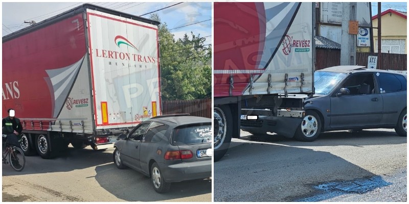 FOTO. Accident între un TIR și o mașină zona complexului Rachel din municipiul Satu Mare