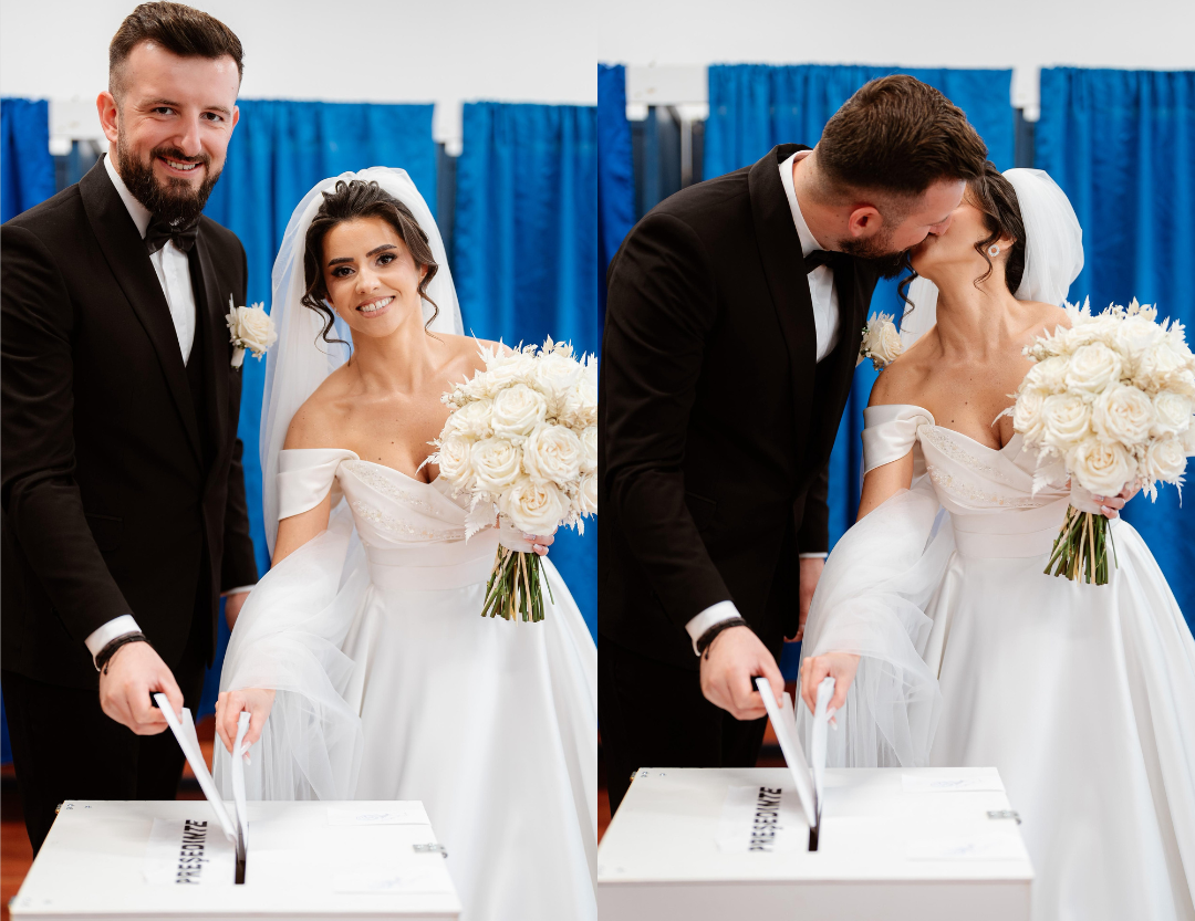 FOTO. De la altar, direct la votare: Alexandra și Leontin au votat în ziua nunții, în Satu Mare