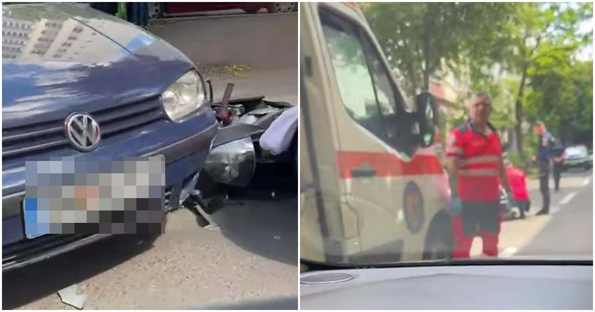 VIDEO. Accident în municipiul Satu Mare, în cartierul Micro 16. Motociclist rănit, după impactul cu o mașină