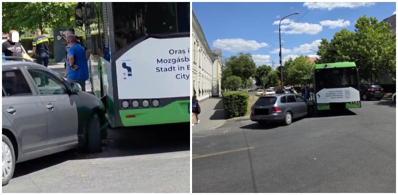 FOTO. Accident între un autobuz și o mașină, în centrul municipiului Satu Mare