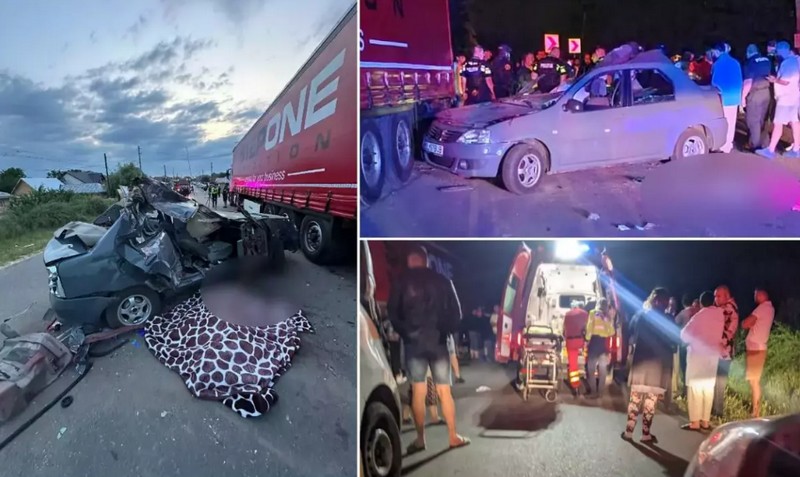 FOTO. Tineri de 18 și 21 de ani, morți într-un Logan zdrobit de TIR într-un județ din țară. Șoferul vinovat, fără permis, a fugit