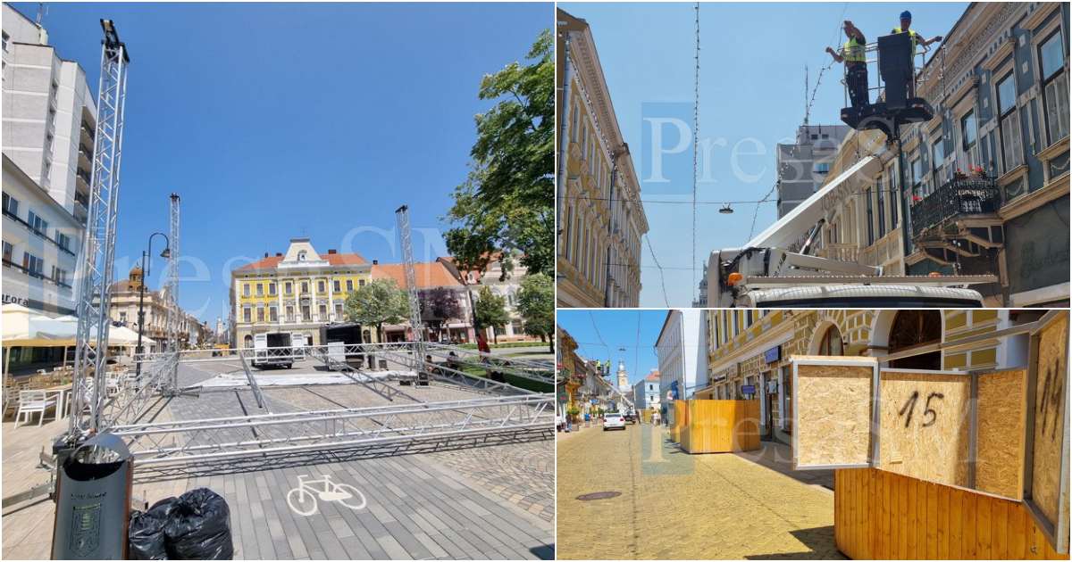 FOTO. În Piața Libertății pregătirile sunt în toi pentru distracția din weekend. La ce se pot aștepta sătmărenii