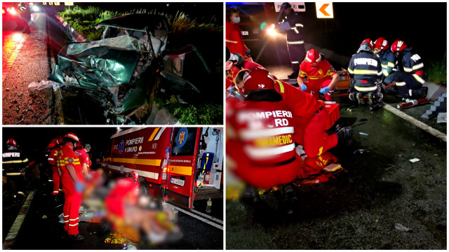 FOTO. Accident cumplit în țară. Doi tineri morți și patru răniți. O maşină şi o ambulanţă s-au ciocnit frontal