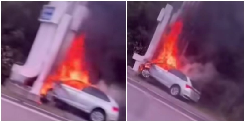 FOTO. Tragedie pe DN1: Șofer carbonizat după ce mașina a luat foc în urma unui accident