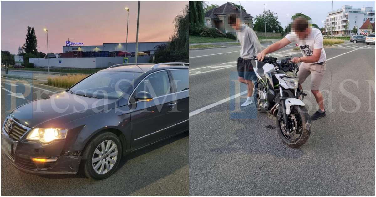 FOTO. Accident în sensul de la noul pod. Motocicletă aruncata 10 metri după impactul cu o mașină