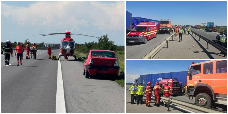 FOTO. Tragedie pe Autostrada A1: multiple victime, un copil a murit. 3 TIR-uri și 5 mașini au intrat în coliziune