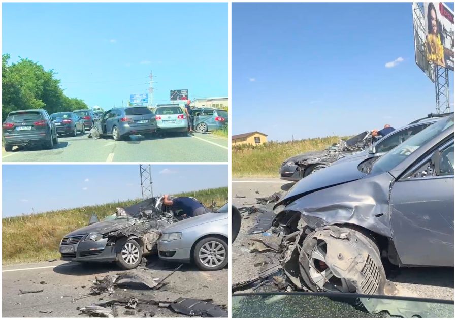 FOTO/VIDEO. Accident cu patru mașini pe DN19, între Oradea și Satu Mare. O femeie și un copil răniți grav