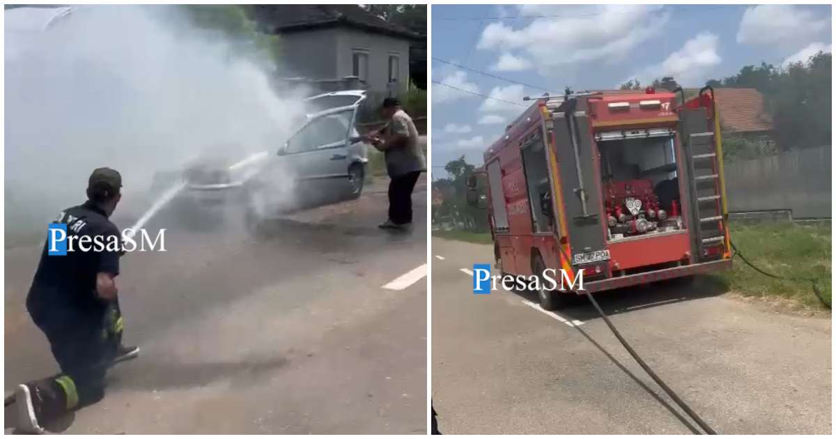 FOTO. Mașină în flăcări în Ardud lângă o țeavă de gaze. Inimoșii pompieri voluntari au salvat situația