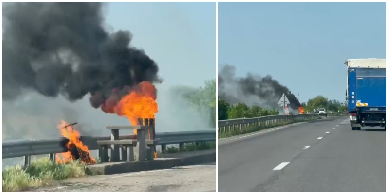VIDEO. Trotinetă electrică cuprinsă de flăcări pe DN 19, între Decebal și Doba