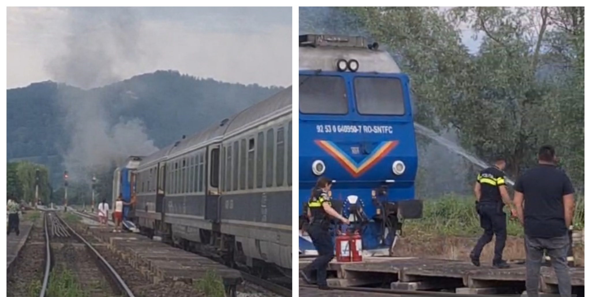 VIDEO. Locomotivă care a pornit din Satu Mare, cuprinsă de flăcări. Zeci de călători evacuați în câmp