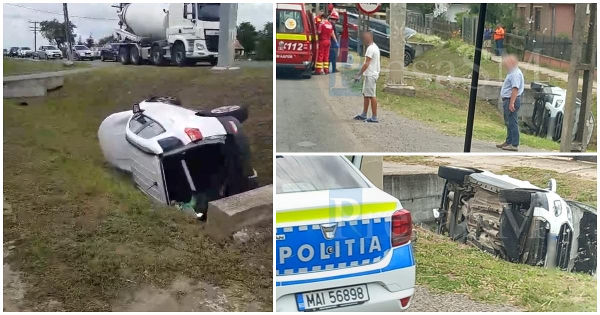 FOTO/VIDEO. Accident grav pe DN 19, în Moftinu Mic: două autoturisme au ajuns în șanț, unul s-a răsturnat