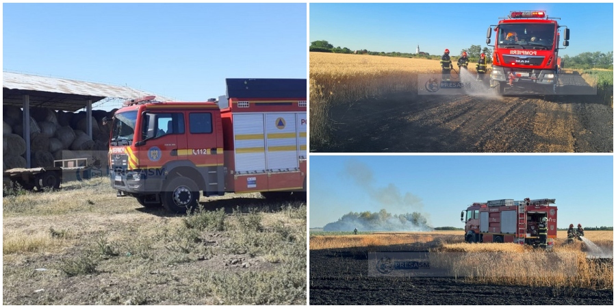 Incendiu la o presă de balotat, în județul Satu Mare. Ard mai multe hectare