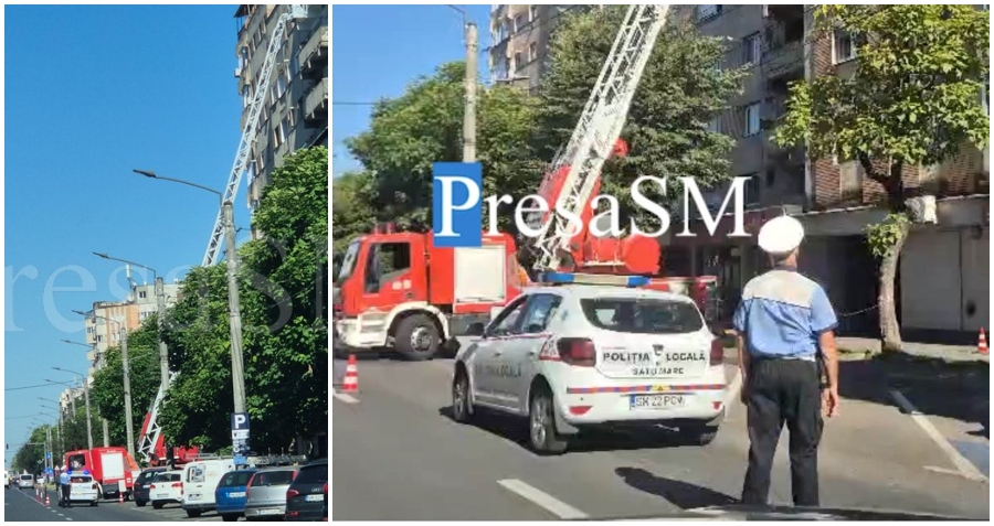 FOTO/VIDEO. Pericol pe Drumul Careiului: Intervenție de urgență la etajul 9 al unui bloc turn din Satu Mare